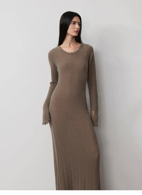 Wool looped yarn raw edge ripped and drapey long dress with a slim fit-0