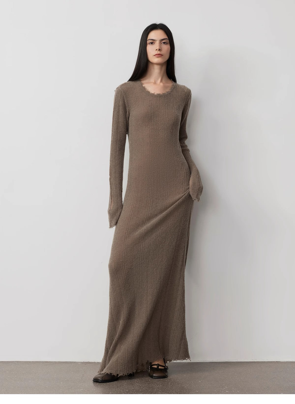 Wool looped yarn raw edge ripped and drapey long dress with a slim fit-4